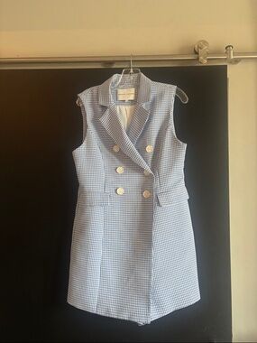 English Factory Blue Gingham Sleeveless Double-Breasted Mini Dress